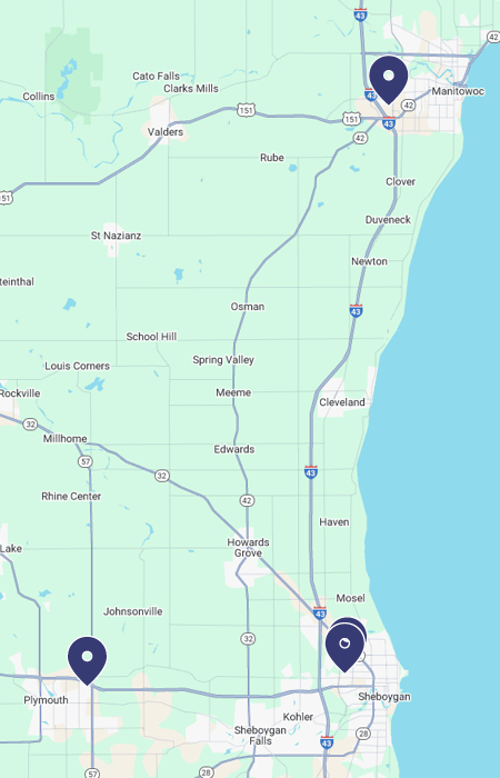 A map of Wisconsin with blue pins where Prevea Gastroenterology locations are