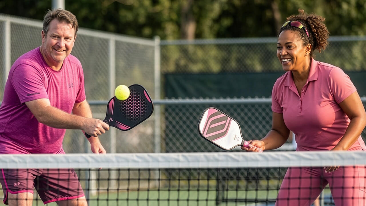 Man and woman playing pickleball outside