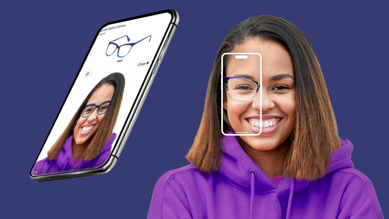 A woman trying on eyeglass frames with her phone