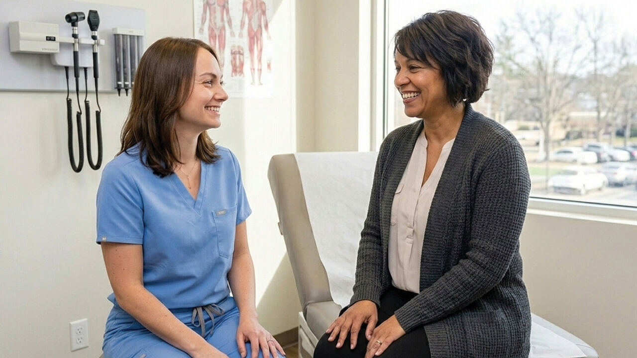 Female doctor talking to a female patient in an exam room