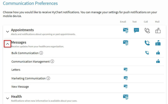 screenshot of the menu in myprevea.com: In your communication preferences, you will find several communication categories: appointments, messages, health, billing, etc. Each section expands for additional communcation preferences. Open each section and choose preference. Available communicaion preferences will be shown with a grey icon. Preference is selected when icon is blue.